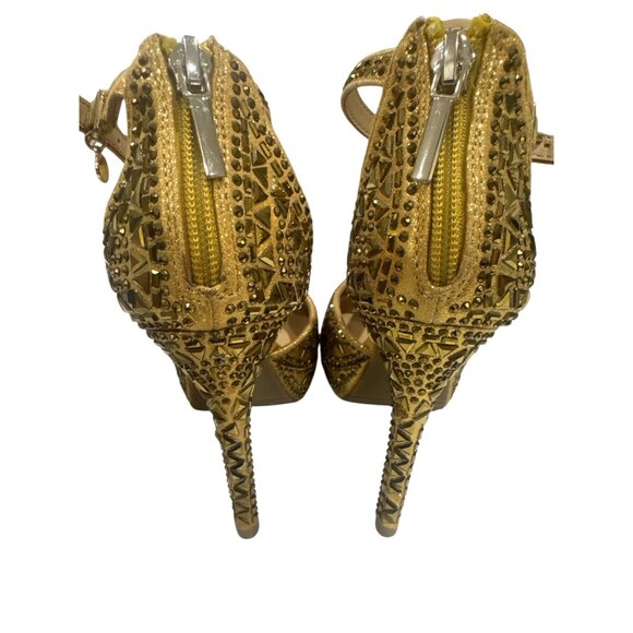 Thalia Sodi Gold Embellished High Heel T-Strap Shoes With Zipper Back Size 6 - Picture 2 of 4